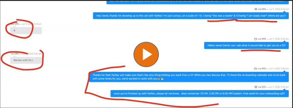 SMS thread from July 11 2022: the AI asks the 1-10 test close question, the prospect answers 9, names reviewing with his doctors as the only thing in the way, and the AI offers onboarding call times
