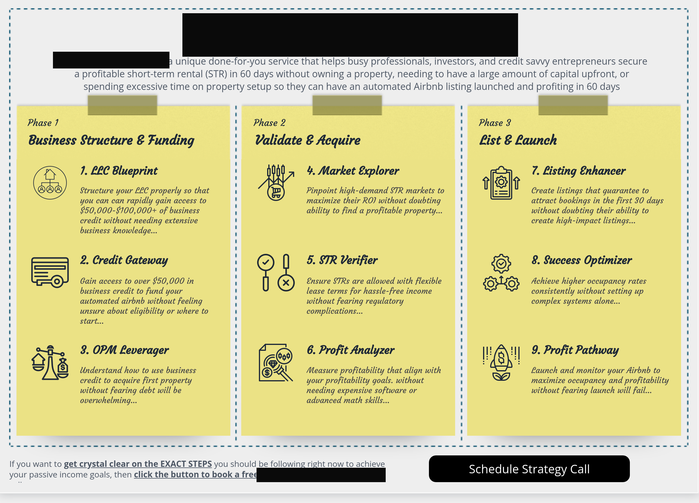 Redacted one-page roadmap with three phases and nine benefit-named steps, the presentation that sold a $30,000 offer without a demo