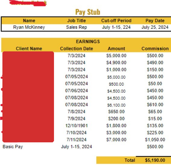 Pay stub for Ryan McKinney, sales rep: thirteen client collections over two weeks in July 2024 totaling a $5,190 commission